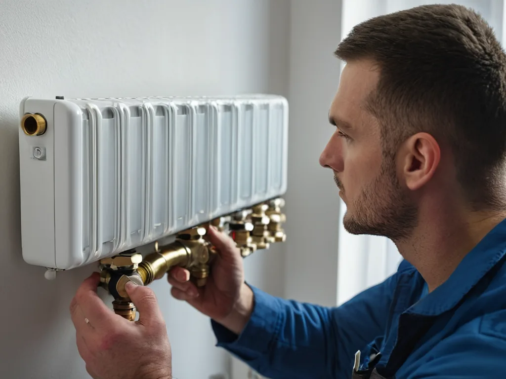 Heating engineer checking radiator pipework